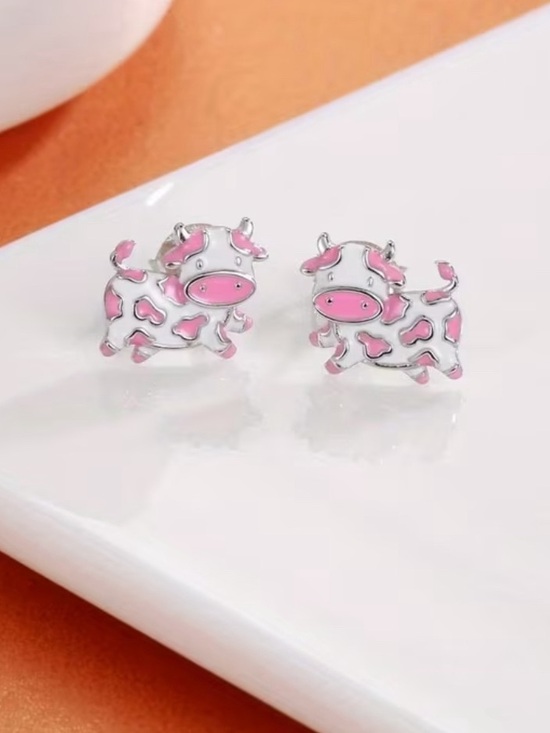 Other - Pink Cow Enamel Stud Earrings